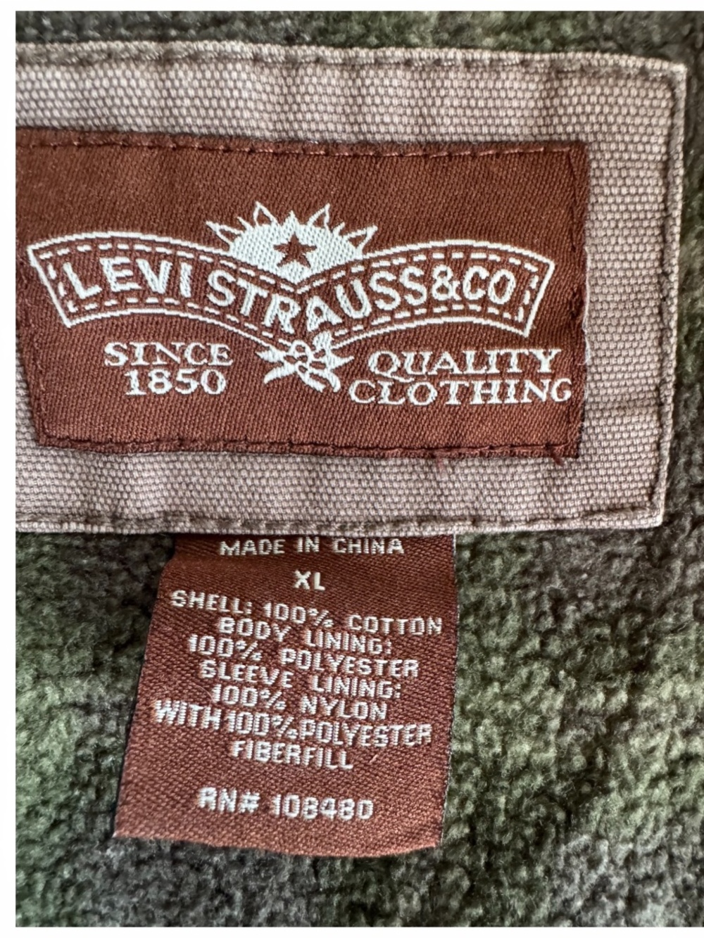 LEVI’S Men Fleece Lined Shirt Jacket XL Cotton Khaki Button Front - Picture 9 of 9